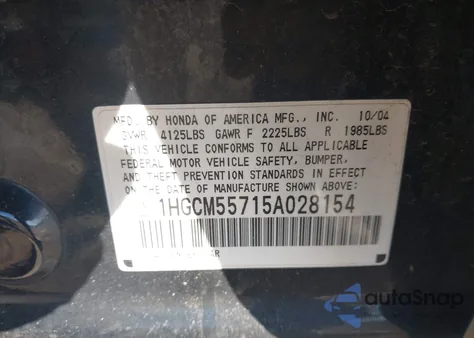 2005 Honda Accord 2.4 Ex z USA, uszkodzony, nr VIN 1HGCM55715A028154